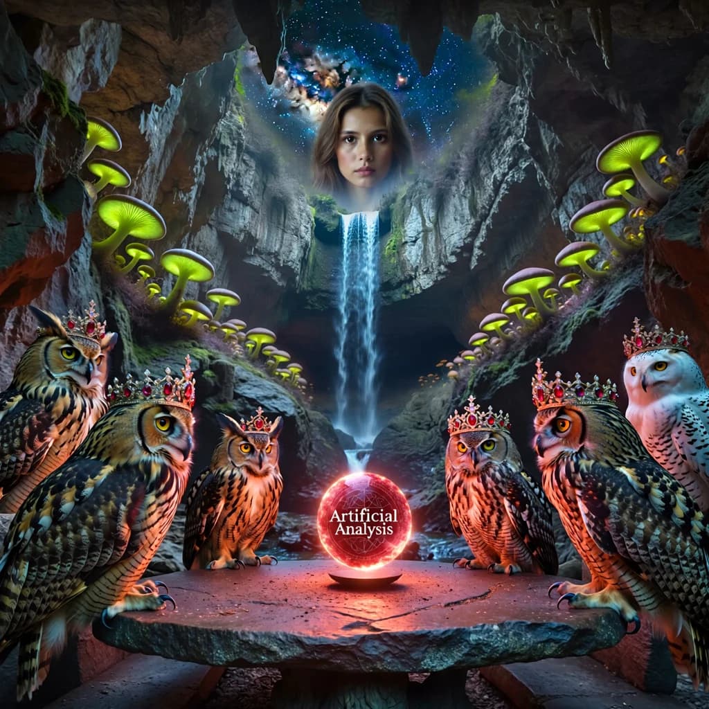 In a cavern lined with bioluminescent fungi glowing lime green, the council of owls wear jeweled crowns that glimmer with rubies, their wings folded behind their backs. Dust coats the stone table, a glowing orb inscribed with “Artificial Analysis” hovers above the table illuminating the owls with its red pulsating light. Behind them, a waterfall falls upward into a ceiling that opens onto stars - a child looks down in wonder from above at what he has stumbled across.