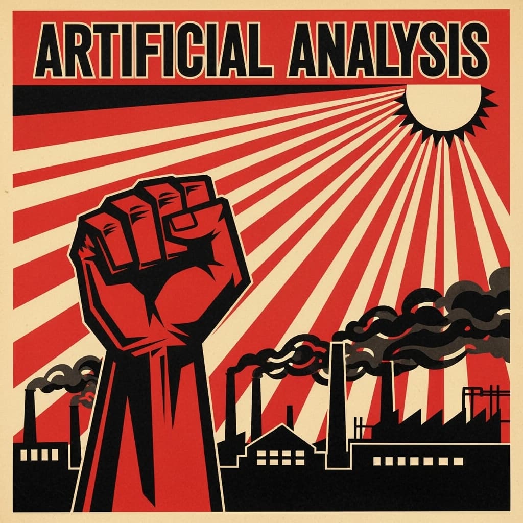 A propaganda poster in stark red, black, and beige. A clenched fist rises in the foreground, rendered with sharp geometric blocks. Behind it, radiating lines stretch upward toward a stylized sun. At the top, bold sans-serif lettering in Cyrillic-inspired type spells out Artificial Analysis, tilted at an angle for emphasis. A factory skyline silhouettes the bottom edge, smoke stacks rising into the background. The texture is rough, printed on aged paper with visible creases and ink bleed. Designed in the constructivist Soviet poster style.