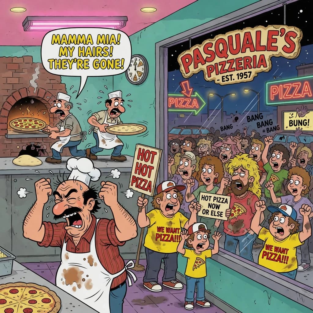 Pasquale is pulling his few remaining hairs out over a disaster at the pizzeria - the cooks are working as fast as they can but the crowds outside are swelling and they demand hot hot pizza! They are banging on the glass and some are wearing "we want pizza" shirts. 1980s western TV animation style.