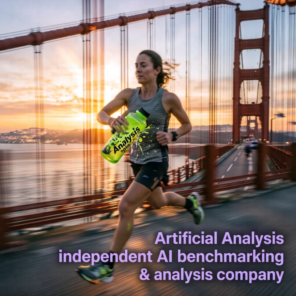 A runner dashes across the Golden Gate Bridge at dawn, sunlight streaming between cables. In their hand, they carry a neon-green sports drink with the brand name Artificial Analysis splashed boldly across the bottle. Motion blur emphasizes speed, while crisp purple sans serif typography overlays the bottom right of the scene with the tagline: Artificial Analysis is an independent AI benchmarking & analysis company