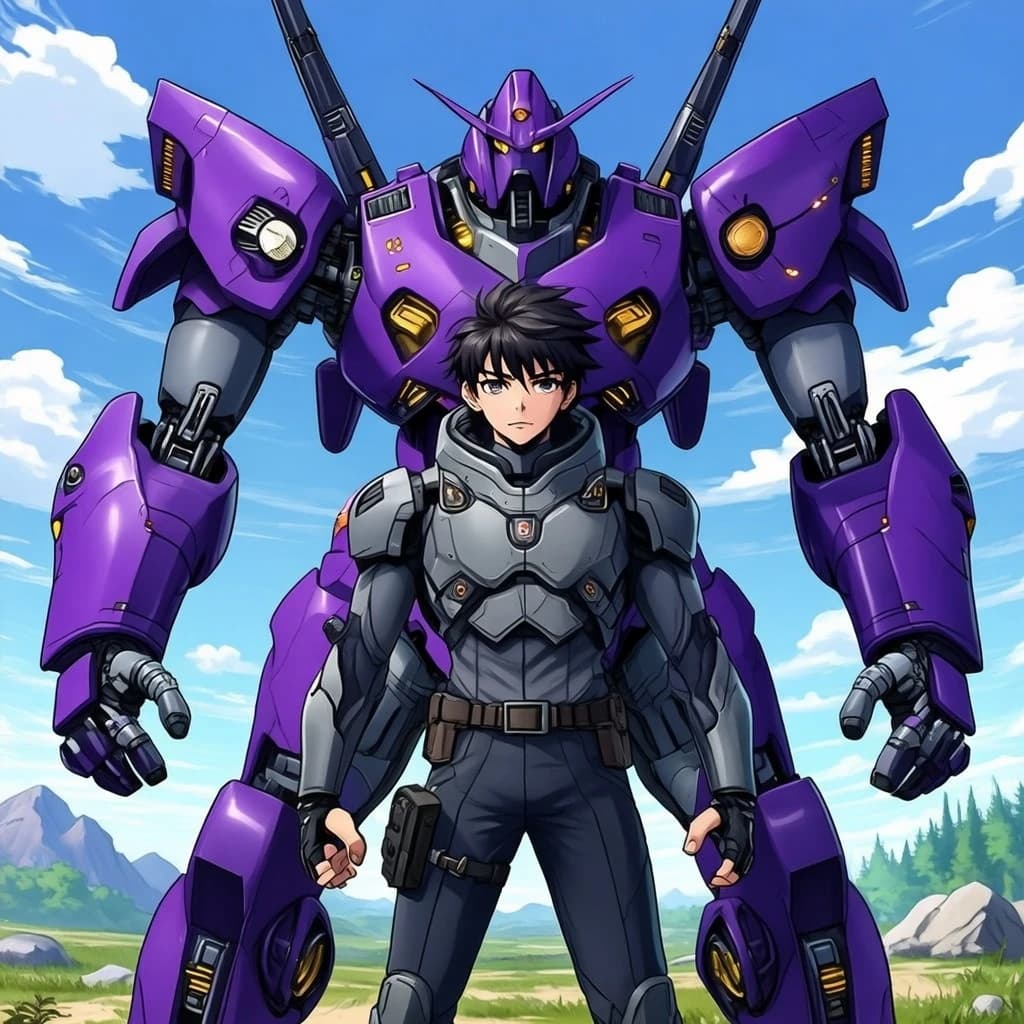 Clad in his body suit up to the neck, young Masa nervously approaches the towering mech with his back facing us. He is nervous for his first time in the field. The mech's bright purple colour scheme contrasts with the grey body suit. The scale of the mech dwarfs Masa. Hand drawn style