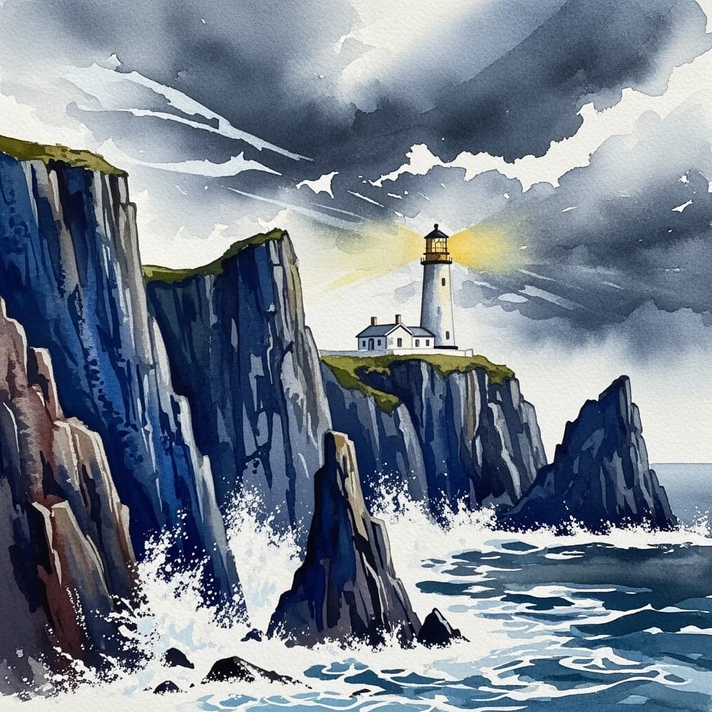 Please paint a watercolor of stormy cliffs and a lighthouse, moody sky.