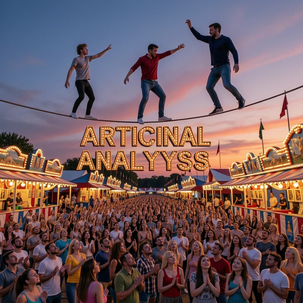 At dusk, high above a carnival crowd, three tightrope walkers balance on a single rope with no aids, one is off balance and grabbing at air. Below, the audience looks upward with baited anticipation. Artificial Analysis is spelled out in the background in carnival lights