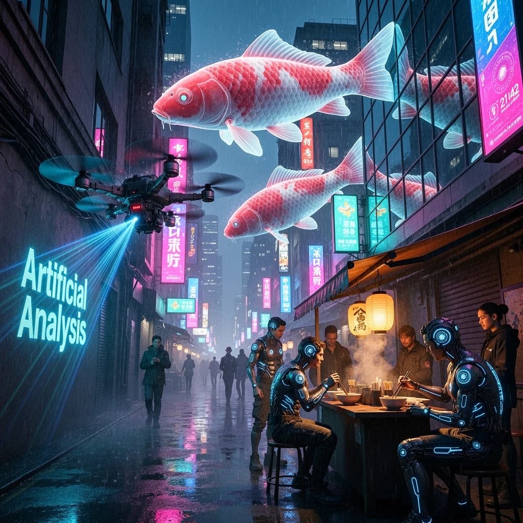 A neon alley in Neo-Tokyo 2142 drips with rain Cybernetic patrons slurp ramen at a stall with their glowing implants humming with blue light. Three giant holographic koi hover 10 metres above the ground and swim across the skyline, one has clipped into a building. A six-prop drone hovers nearby, projecting "Artificial Analysis" onto a wall with blue laser beams visible