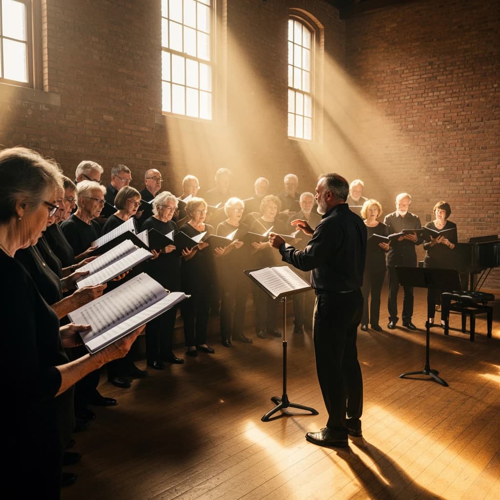 A choir rehearses in a brick hall as somewhat dramatic morning light falls through high windows, with a patient conductor mid-gesture, open scores, intent faces, slight motion blur.