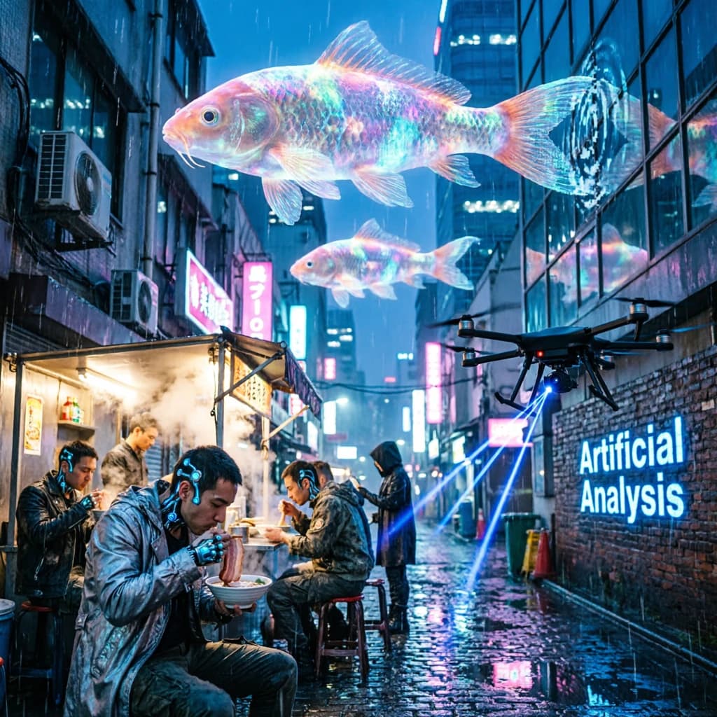 A neon alley in Neo-Tokyo 2142 drips with rain Cybernetic patrons slurp ramen at a stall with their glowing implants humming with blue light. Three giant holographic koi hover 10 metres above the ground and swim across the skyline, one has clipped into a building. A six-prop drone hovers nearby, projecting "Artificial Analysis" onto a wall with blue laser beams visible