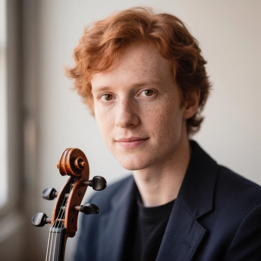 Capture a head-and-shoulders portrait of a freckled red-haired violinist in a navy blazer, soft window light, 85mm at f/1.8, gently smiling yet serious eyes, muted tones.