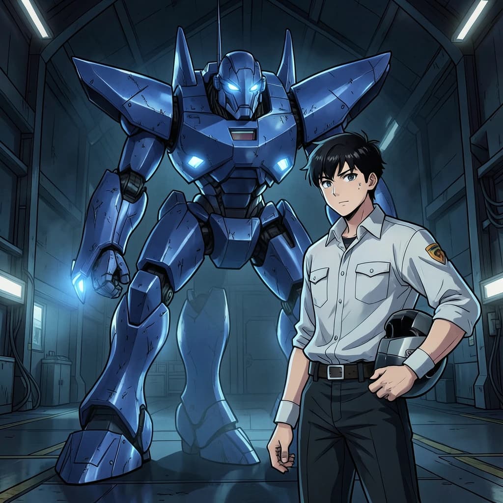 A teenage pilot grips his helmet under one arm, standing at the edge of a glowing hangar bay. Before him looms a sleek, steel-blue mech, its eyes lit with a cold electric glare. His school uniform is rumpled, a sharp contrast to the machine’s flawless plating. The vast scale engulfs him in shadow, emphasizing both awe and dread. Hand-drawn anime style.