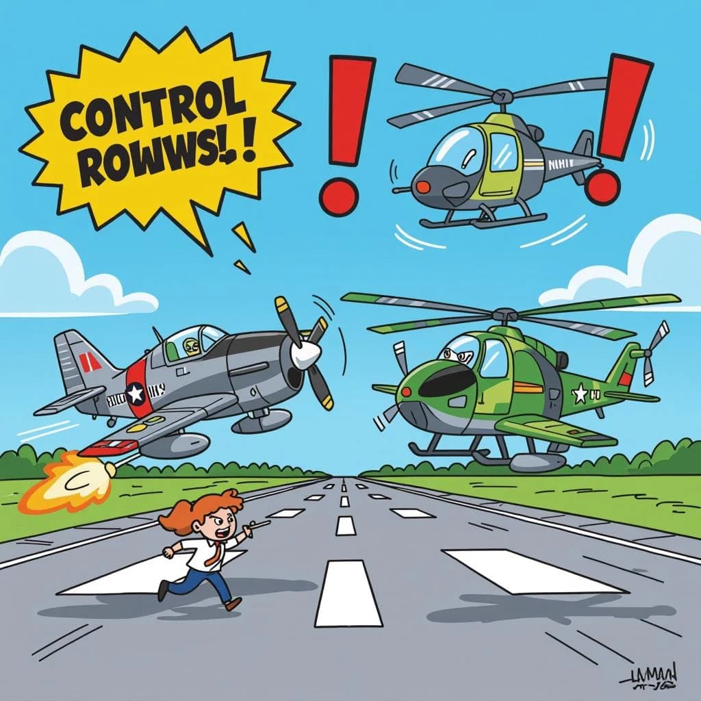 Almost at the runway, Fred the Fighter Jet is racing with Barry the Bomber to see who lands first. Fred has a mischievous trick up his sleeve but Hermione the Helicopter is going to stop him before he gets the chance. The control tower is very angry and has a big exclamation mark. Hand drawn cel look