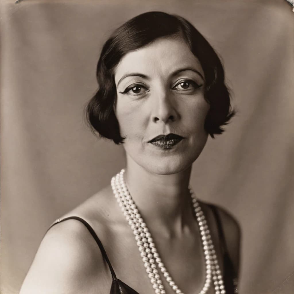 Sepia-toned studio portrait of a flapper with pearl necklace, soft grain.