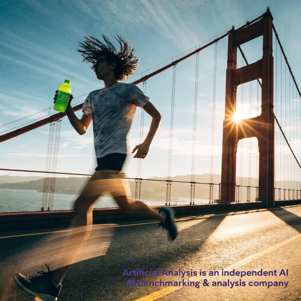 A runner dashes across the Golden Gate Bridge at dawn, sunlight streaming between cables. In their hand, they carry a neon-green sports drink with the brand name Artificial Analysis splashed boldly across the bottle. Motion blur emphasizes speed, while crisp purple sans serif typography overlays the bottom right of the scene with the tagline: Artificial Analysis is an independent AI benchmarking & analysis company