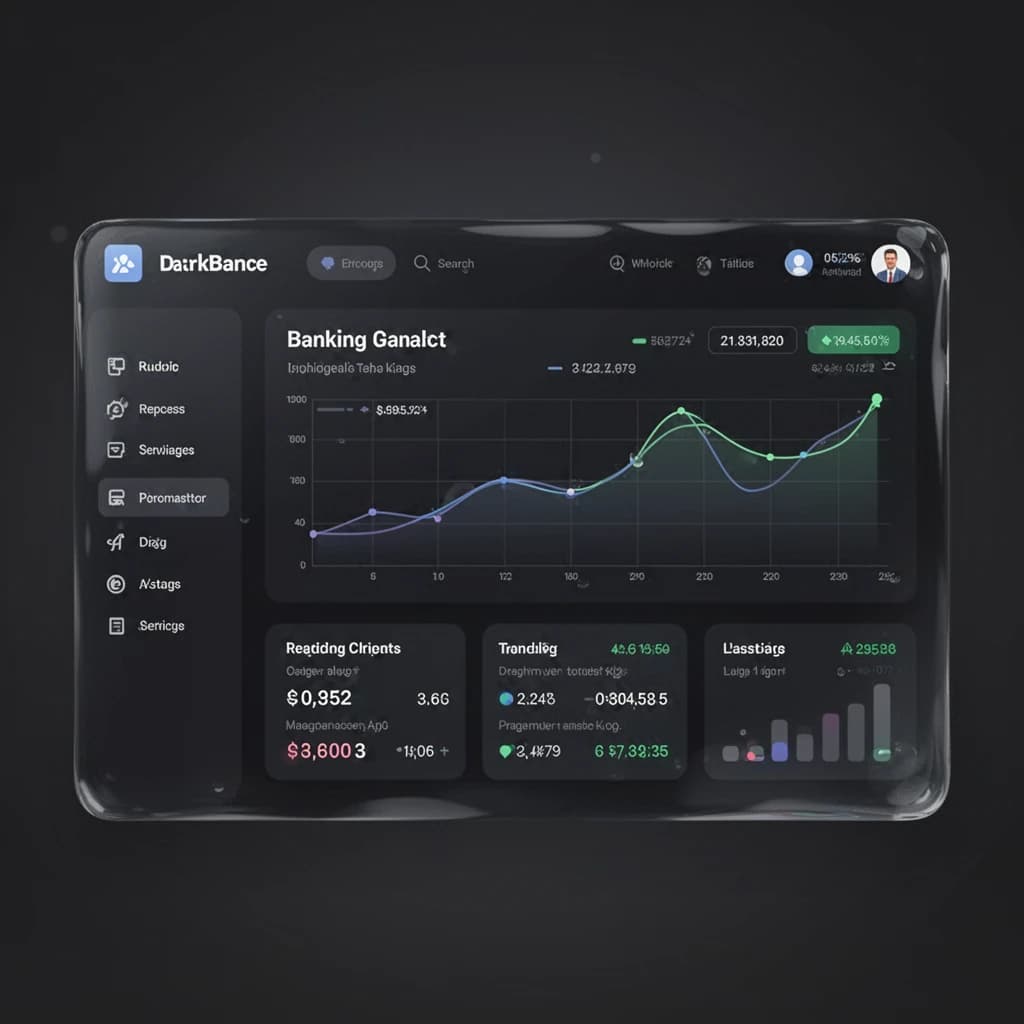 Dark mode banking dashboard with glassmorphism.