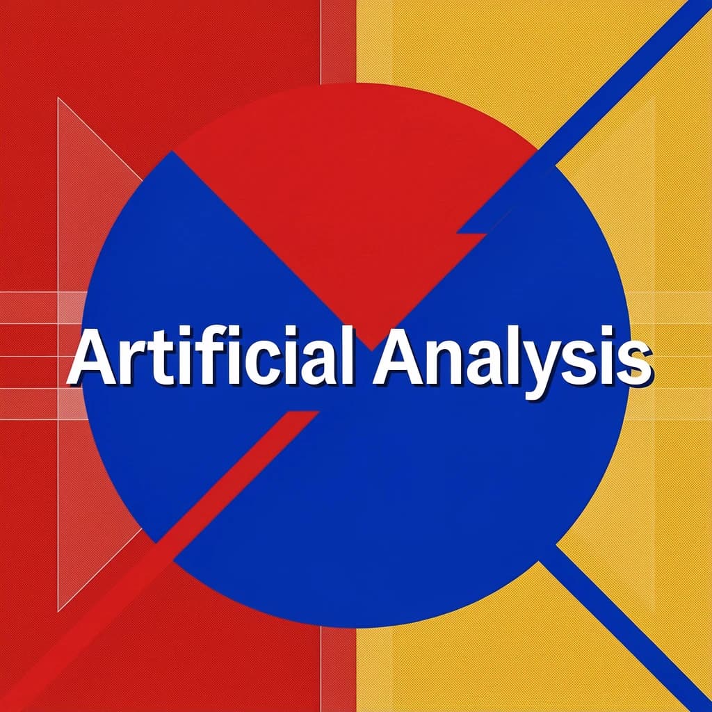 A bold poster composition dominated by flat geometric shapes in crimson, cobalt, and ochre. Overlapping circles and sharp diagonal lines create dynamic tension across the frame. A single sans-serif word — Artificial Analysis — stretches across the center in stark white, distorted slightly as though caught mid-glitch. The background is textured with halftone dots and faint grid lines, while subtle overlays of translucent rectangles suggest depth. Designed in the spirit of modernist Swiss typography fused with digital glitch aesthetics.