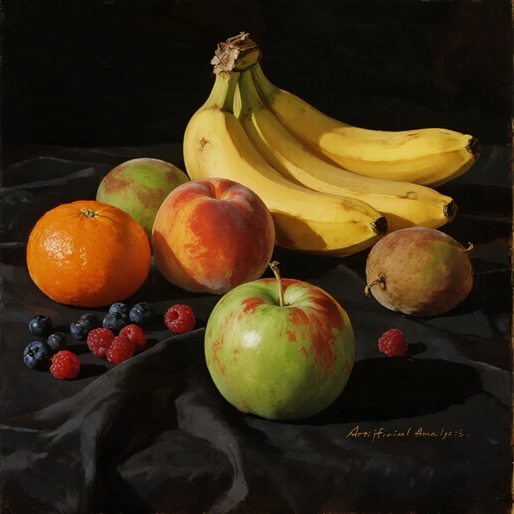 A still life scene painted oil on canvas, comprising various fruits on a black table cloth with striking lighting coming from the right out of frame, creating strong shadows. A bruised green apple is in the foreground, a peach behind it, and behind that a melange of oranges and bananas in various states of ripeness. Berries are strewn in front of the apple. The artist has signed his name "Artificial Analysis" in the bottom right corner in a hurried fashion.