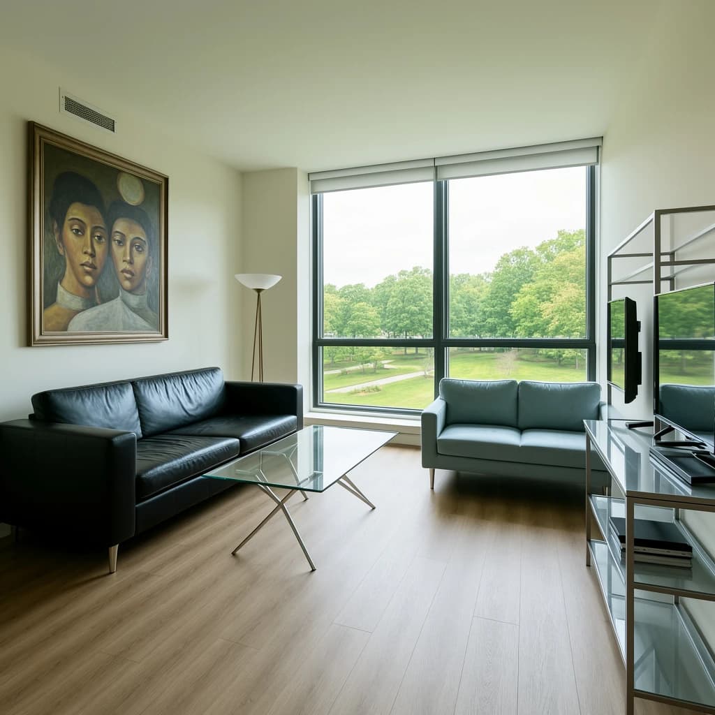 My apartment overlooks Central Park. It’s very luxurious, very expensive, and the furniture is minimal — a black leather couch, a glass coffee table with chrome legs, an Arne Jacobsen floor lamp. A big-screen television set rests on a steel shelving unit. A David Onica painting hangs above the couch. There’s a stainless steel and glass cocktail table. A powder-blue sofa. A thirty-inch digital TV.