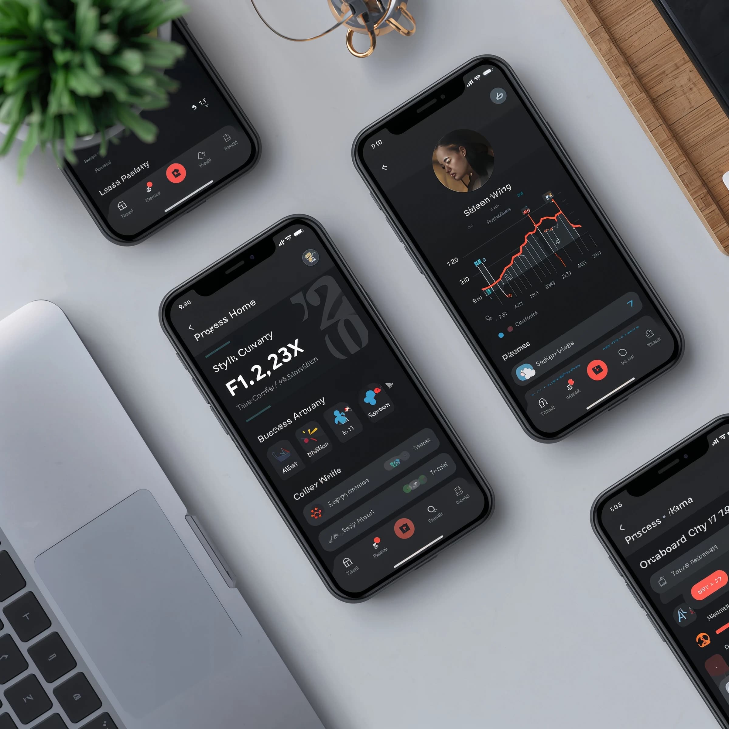 Sleek mobile fitness app screens on a desk: dark mode home, progress dashboard, simple onboarding, clear 8 pt grid, slightly oversized buttons for thumb reach, muted colors.