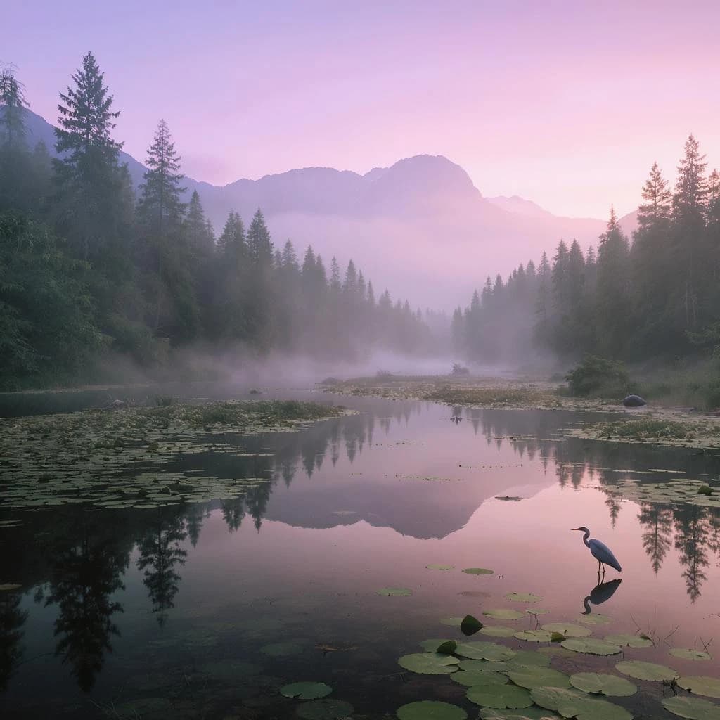 With pre-dawn mist along a cedar forest river and glassy water dotted with lily pads, distant mountains blush pink, and a heron stands still like it forgot what to do next.