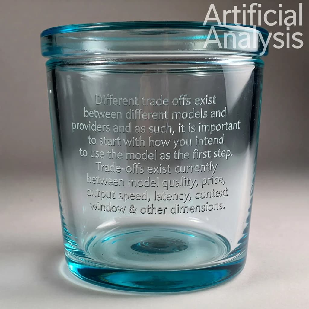 In a clear transparent blue glassy rounded box, etch "Different trade offs exist between different models and providers and as such, it is important to start with how you intend to use the model as the first step. Trade-offs exist currently between model quality, price, output speed, latency, context window & other dimensions. " in sans serif medium weight text. Artificial Analysis is watermarked over the top right 