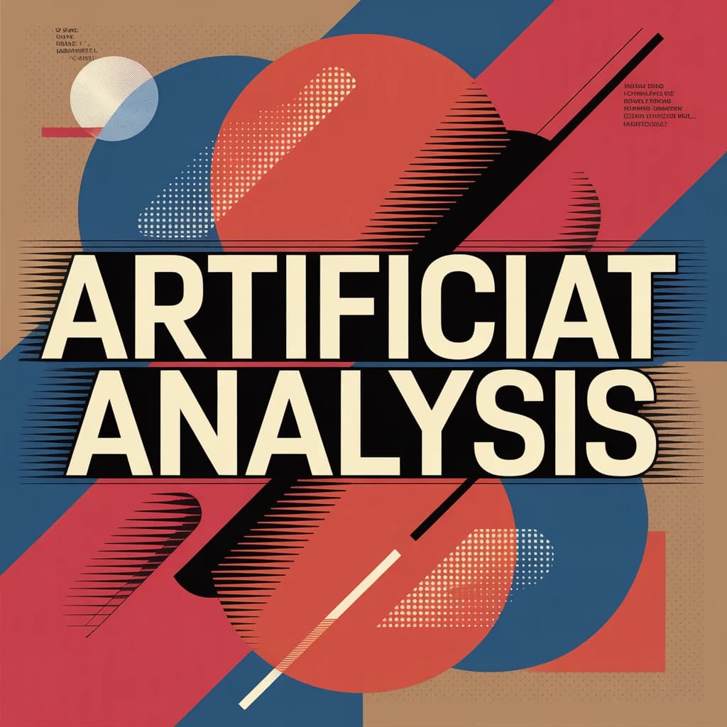 A bold poster composition dominated by flat geometric shapes in crimson, cobalt, and ochre. Overlapping circles and sharp diagonal lines create dynamic tension across the frame. A single sans-serif word — Artificial Analysis — stretches across the center in stark white, distorted slightly as though caught mid-glitch. The background is textured with halftone dots and faint grid lines, while subtle overlays of translucent rectangles suggest depth. Designed in the spirit of modernist Swiss typography fused with digital glitch aesthetics.