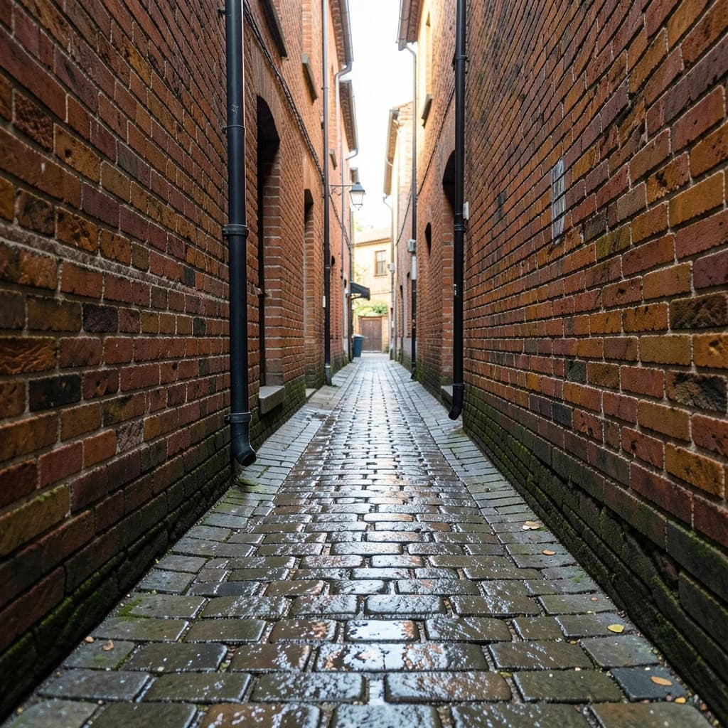 Show a narrow brick alley with wet cobblestones.