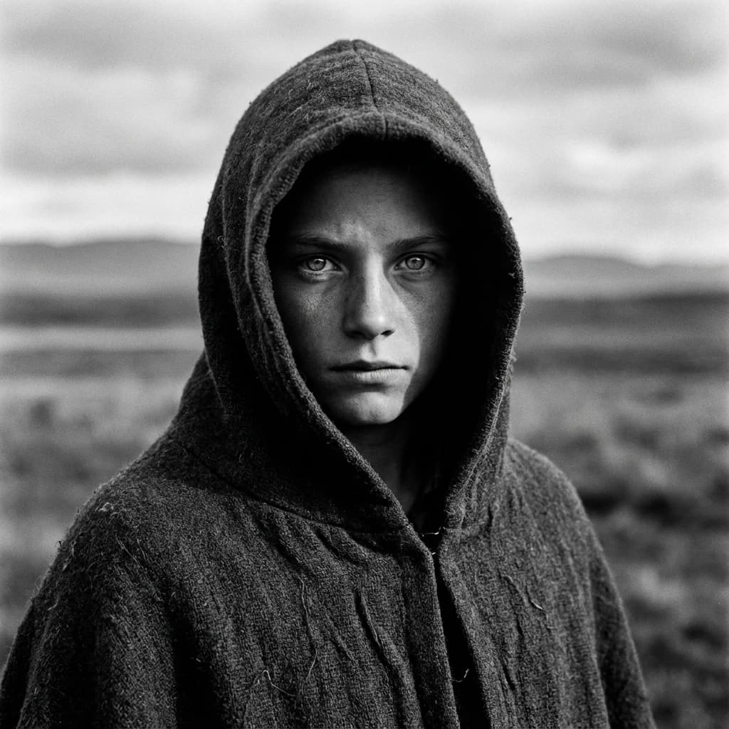 A dramatic black-and-white portrait of a young person draped in a hooded garment, their face framed by the hood's dark folds. Their skin tone and the subtle sheen on their cheeks create striking tonal contrast against the deep shadows. Their eyes are piercing, looking directly into the lens with a calm, steady intensity—neither confrontational nor submissive, but deeply present. The texture of the fabric is visible: it's dense, slightly weathered, and whisper-thin creases catch the light. In the background, an expansive, out-of-focus landscape suggests open space—perhaps distant plains or water—though the details remain soft and abstract. The overall mood is silent yet powerful, poised between vulnerability and resilience, with every highlight and shadow telling part of their story.