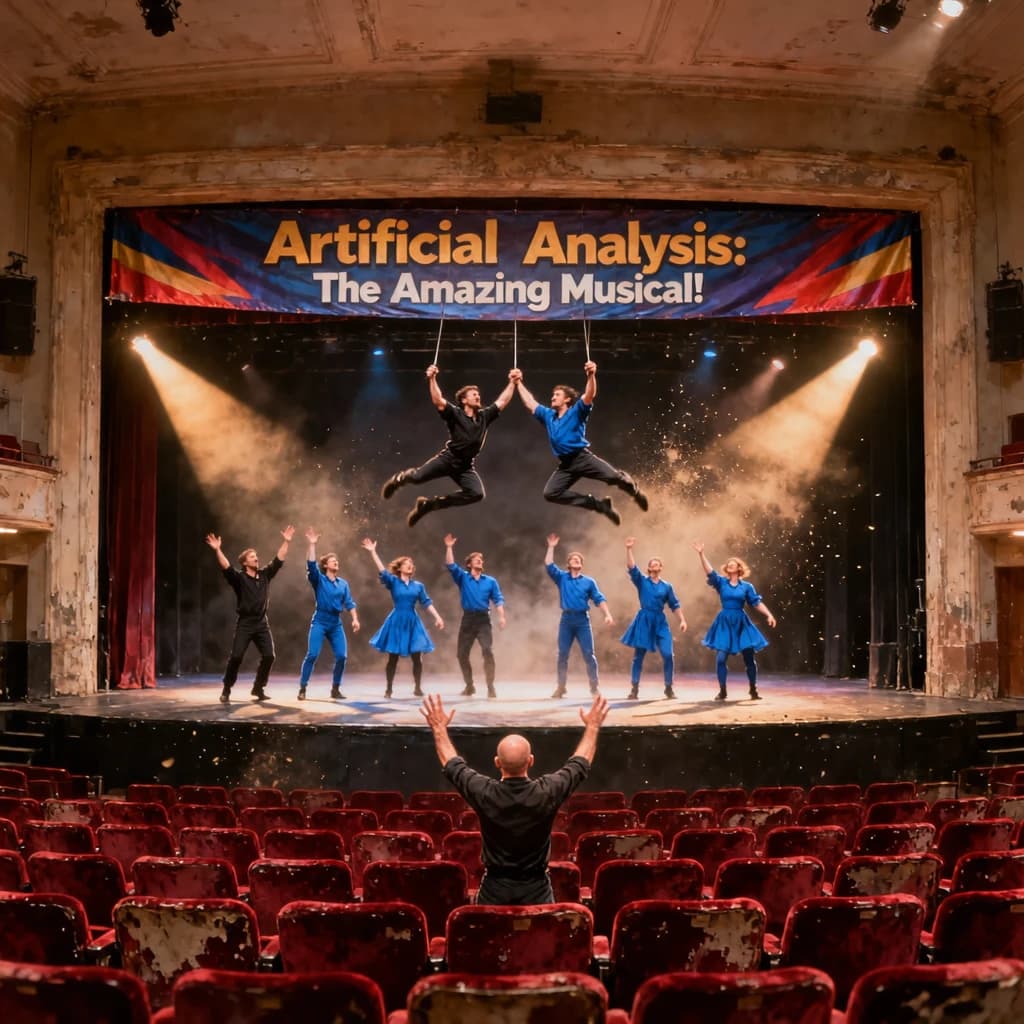 The musical troupe do a rehearsal in a large, empty theatre. 9 people are on the stage, half wear black and the others wear blue. The skinny bald director, seated in the second row, is practically leaping out of their seat with excitement as the leads nail their aerial. A giant banner reading "Artificial Analysis: The Amazing Musical!" is behind the actors.