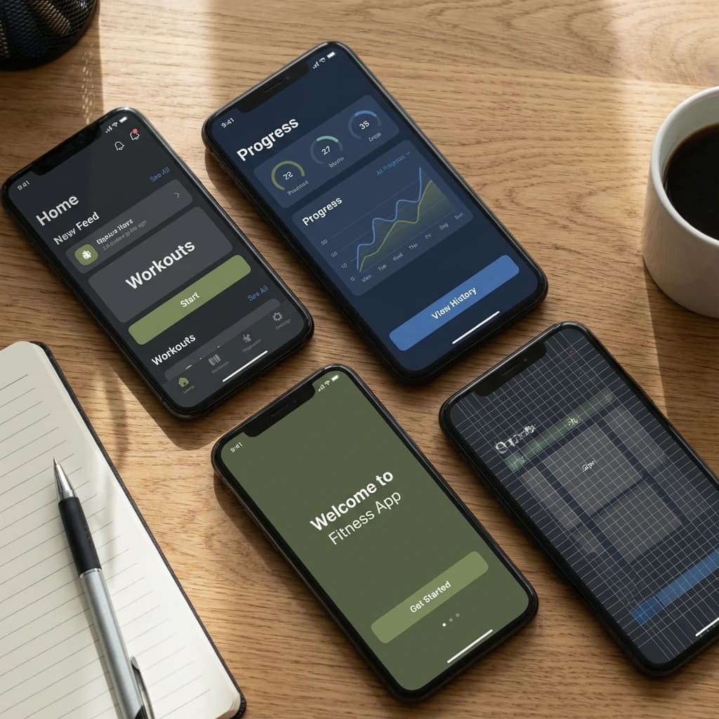Sleek mobile fitness app screens on a desk: dark mode home, progress dashboard, simple onboarding, clear 8 pt grid, slightly oversized buttons for thumb reach, muted colors.