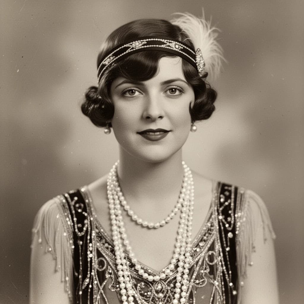 Sepia-toned studio portrait of a flapper with pearl necklace, soft grain.