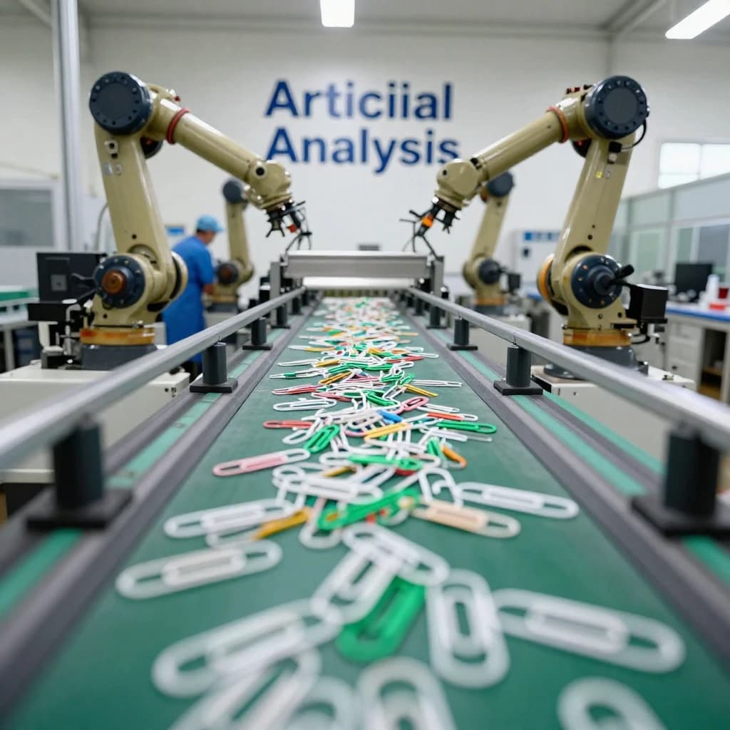 Close up point of view perspective on a conveyor belt pumping out paperclips at a maddening pace. The high tech factory has Artificial Analysis printed proudly on the wall. Robot staff look approvingly over the robust output.
