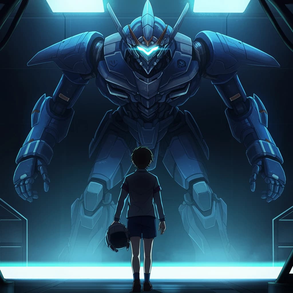 A teenage pilot grips his helmet under one arm, standing at the edge of a glowing hangar bay. Before him looms a sleek, steel-blue mech, its eyes lit with a cold electric glare. His school uniform is rumpled, a sharp contrast to the machine’s flawless plating. The vast scale engulfs him in shadow, emphasizing both awe and dread. Hand-drawn anime style.