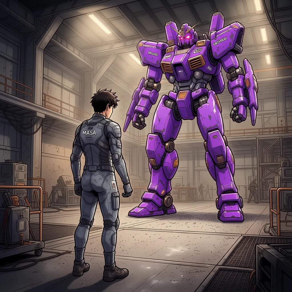 Clad in his body suit up to the neck, young Masa nervously approaches the towering mech with his back facing us. He is nervous for his first time in the field. The mech's bright purple colour scheme contrasts with the grey body suit. The scale of the mech dwarfs Masa. Hand drawn style