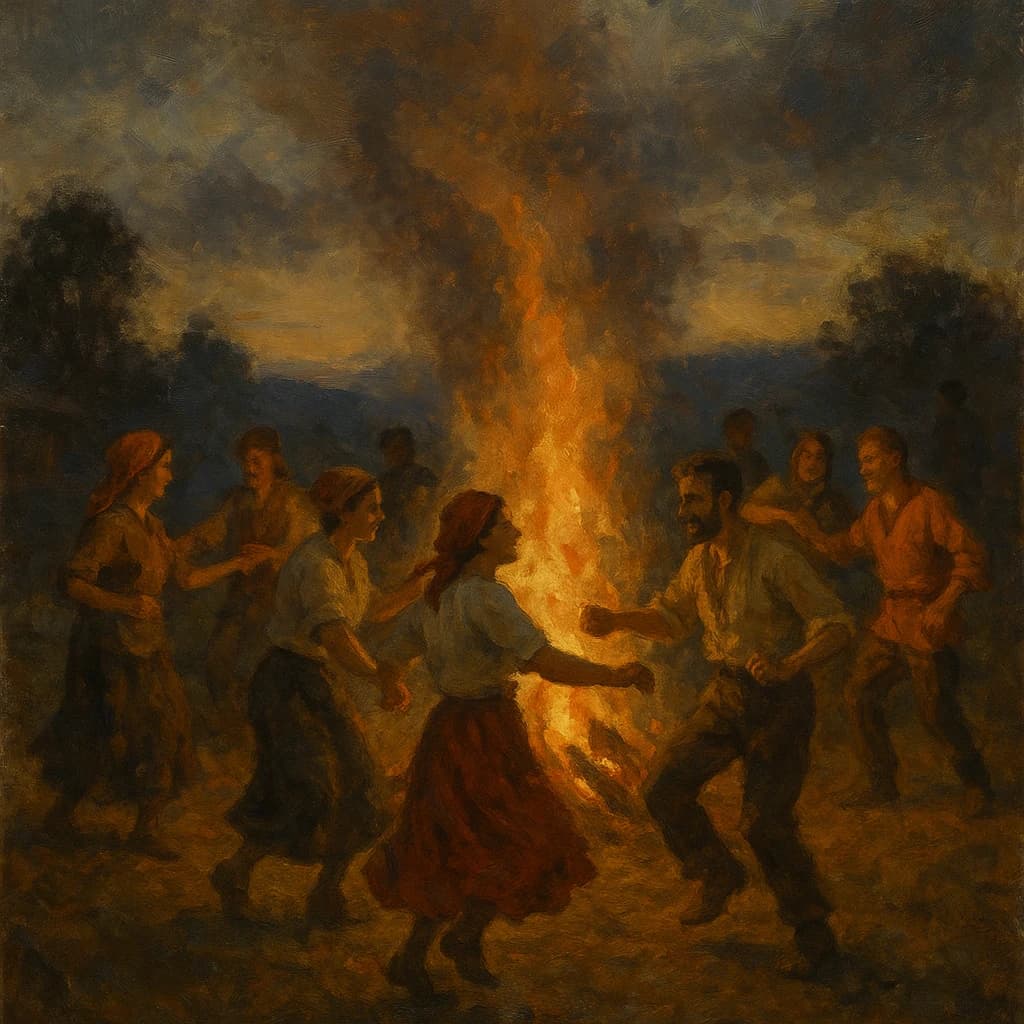 Make an oil painting of villagers dancing by a bonfire at dusk, a bit smoky.