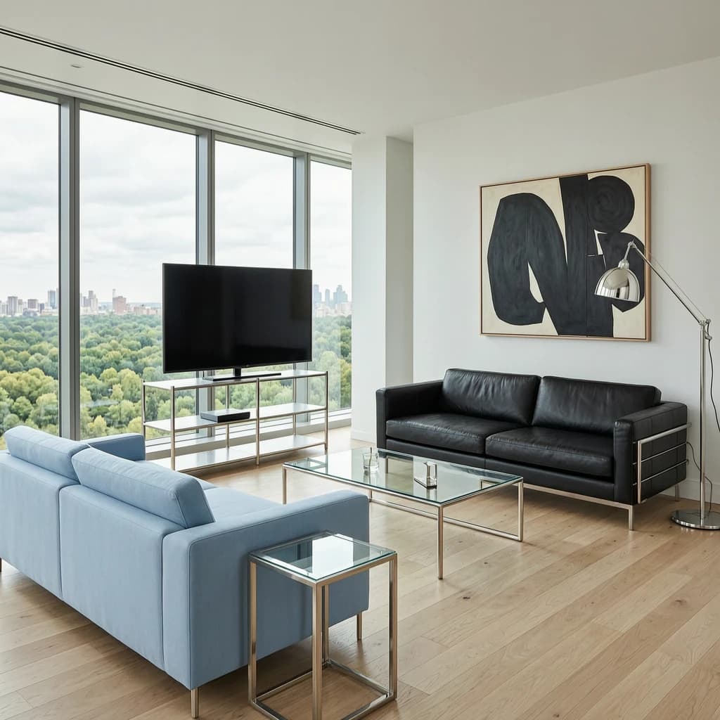 My apartment overlooks Central Park. It’s very luxurious, very expensive, and the furniture is minimal — a black leather couch, a glass coffee table with chrome legs, an Arne Jacobsen floor lamp. A big-screen television set rests on a steel shelving unit. A David Onica painting hangs above the couch. There’s a stainless steel and glass cocktail table. A powder-blue sofa. A thirty-inch digital TV.