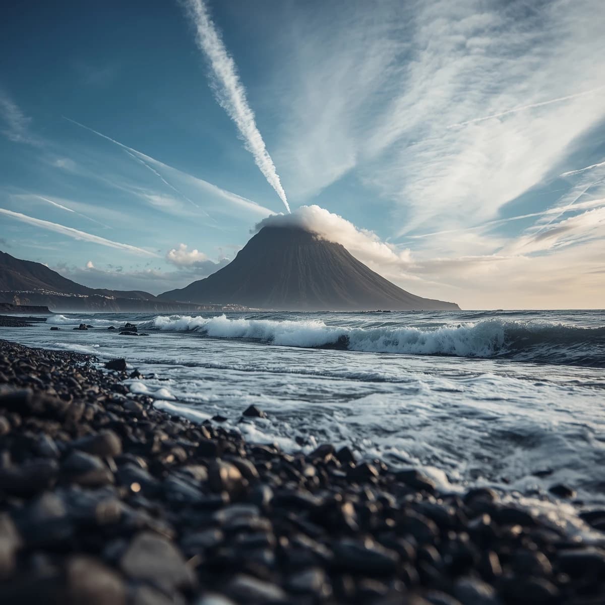 A stunning mountain vista pokes through the cloud top. Contrails from a distant airplane linger in the air. In the foreground there is a stony beach with foamy seas. A thunder storm is visibile in the distant right.