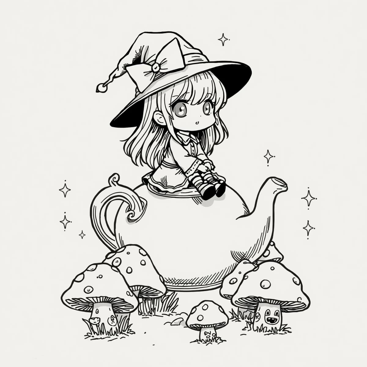 A tiny witch rides a teapot over glowing mushrooms, a bit chibi, thick lines.