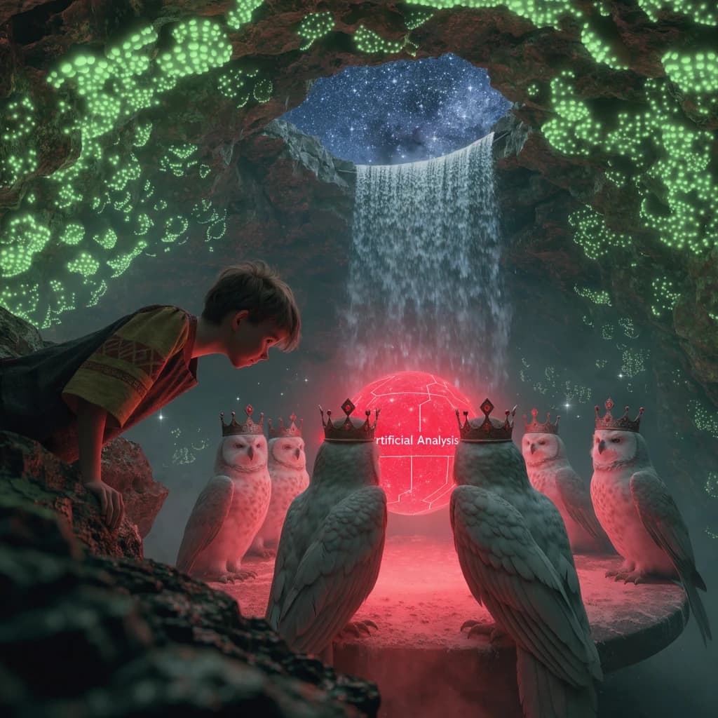 In a cavern lined with bioluminescent fungi glowing lime green, the council of owls wear jeweled crowns that glimmer with rubies, their wings folded behind their backs. Dust coats the stone table, a glowing orb inscribed with “Artificial Analysis” hovers above the table illuminating the owls with its red pulsating light. Behind them, a waterfall falls upward into a ceiling that opens onto stars - a child looks down in wonder from above at what he has stumbled across.