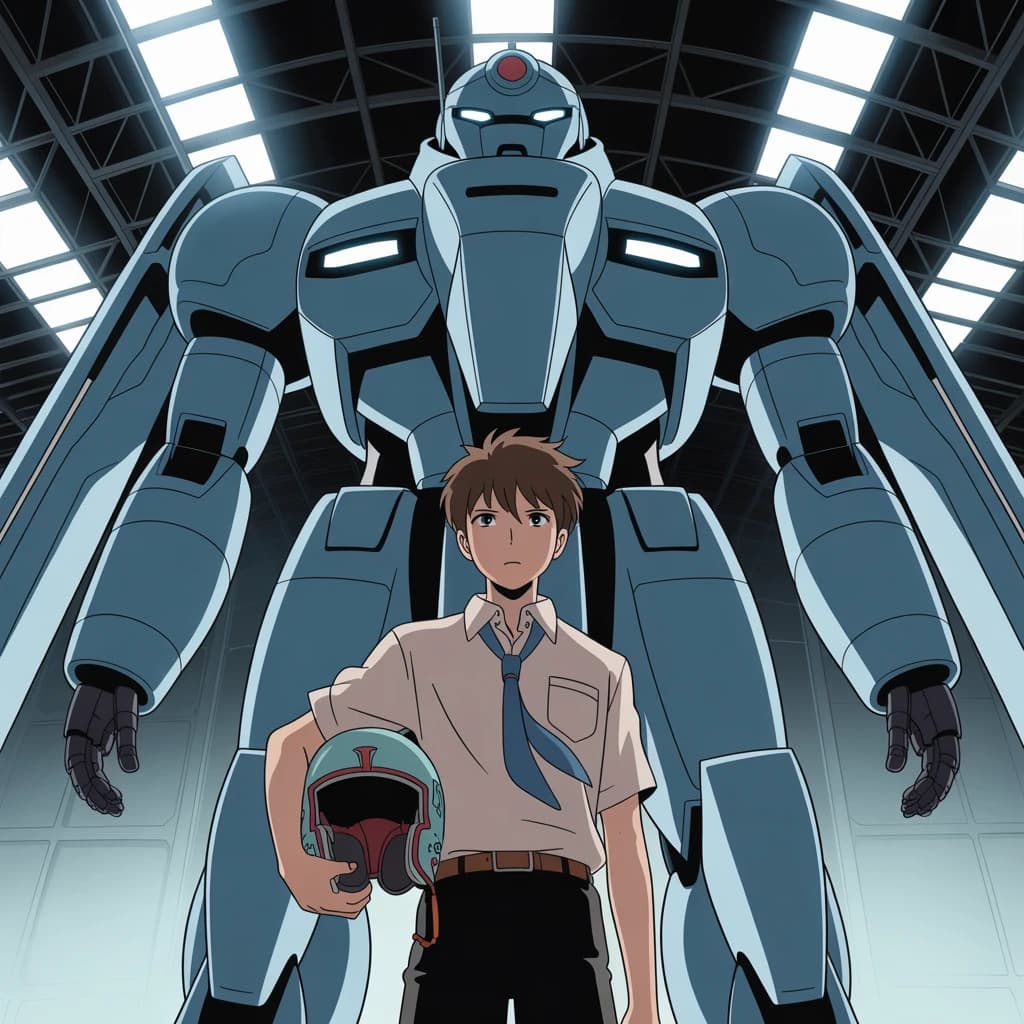 A teenage pilot grips his helmet under one arm, standing at the edge of a glowing hangar bay. Before him looms a sleek, steel-blue mech, its eyes lit with a cold electric glare. His school uniform is rumpled, a sharp contrast to the machine’s flawless plating. The vast scale engulfs him in shadow, emphasizing both awe and dread. Hand-drawn anime style.