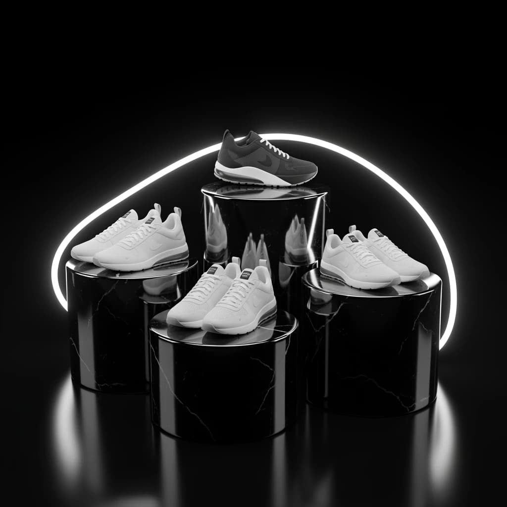 Make a polished 3D ad render: sneakers on glossy plinths, rim lighting.