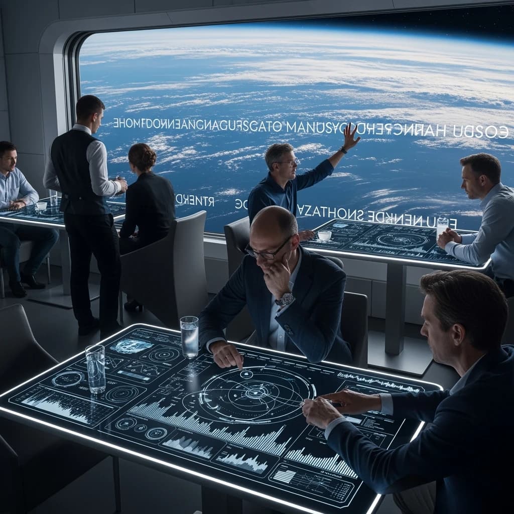 The orbital lounge has brushed aluminum walls and pale leather banquettes. Low white tables are inset with glowing touchscreens. Drinks are clear, flavorless, in tall unmarked glasses. The viewport is floor-to-ceiling, showing Earth moving slowly beneath. The word Artificial Analysis is etched discreetly on the glass in a frosted band.