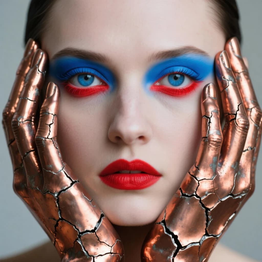 A striking close-up portrait of a woman with cracked metallic copper-painted hands framing her face. Her vivid blue and red eye makeup contrasts sharply with the smooth, pale skin and muted background, creating a bold, surreal composition. She displays an air of uncertainty about her