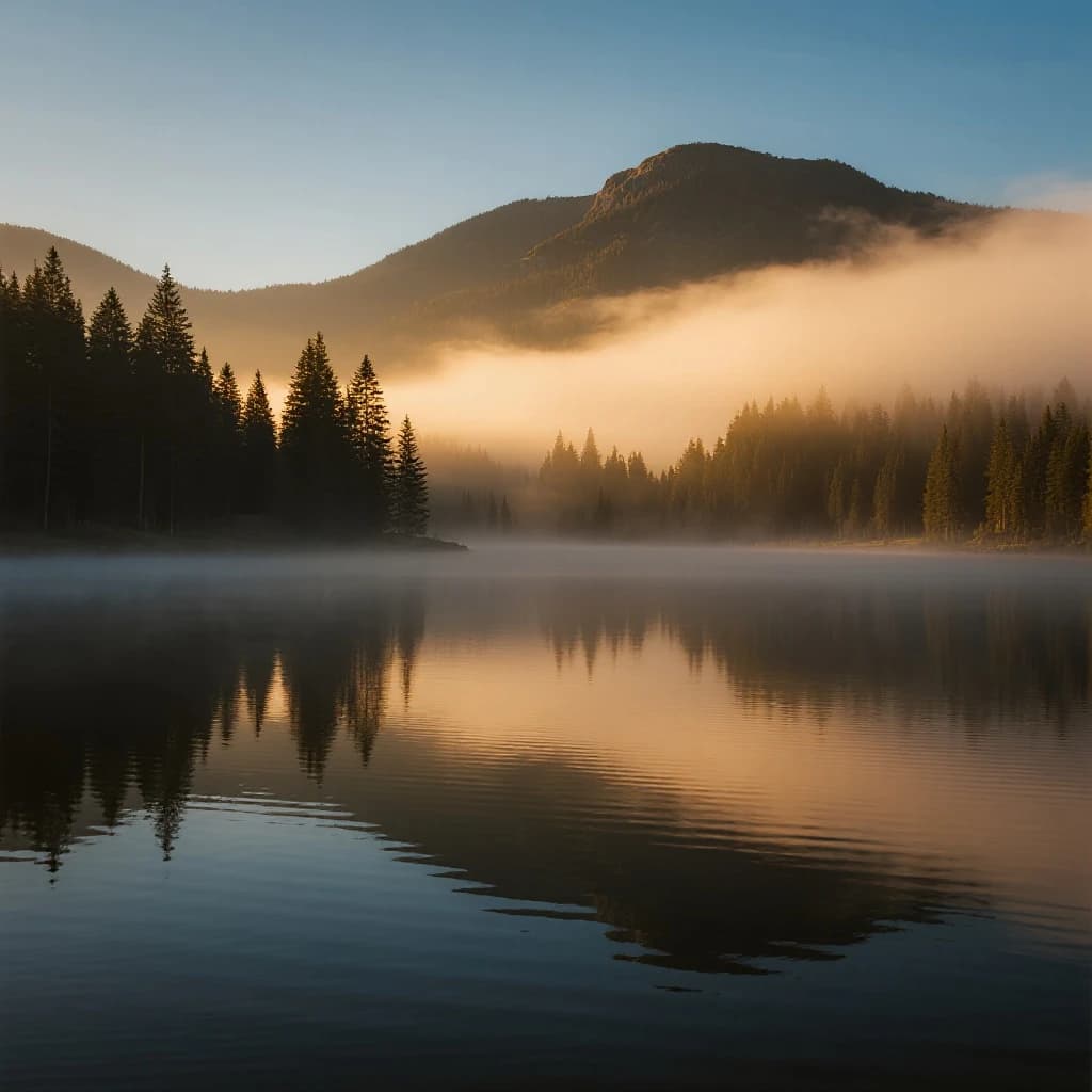 I want a photo of a misty alpine lake at dawn, pines, glassy water, warm light.