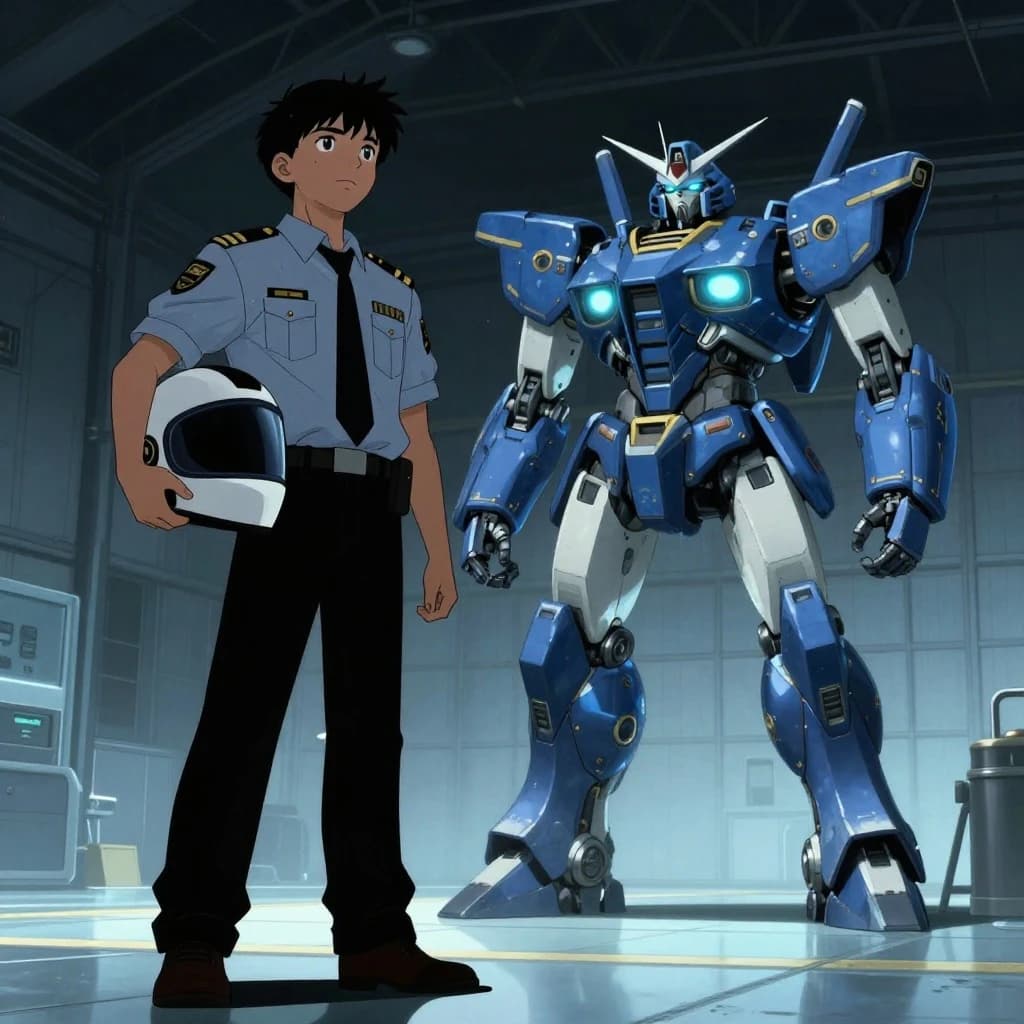 A teenage pilot grips his helmet under one arm, standing at the edge of a glowing hangar bay. Before him looms a sleek, steel-blue mech, its eyes lit with a cold electric glare. His school uniform is rumpled, a sharp contrast to the machine’s flawless plating. The vast scale engulfs him in shadow, emphasizing both awe and dread. Hand-drawn anime style.