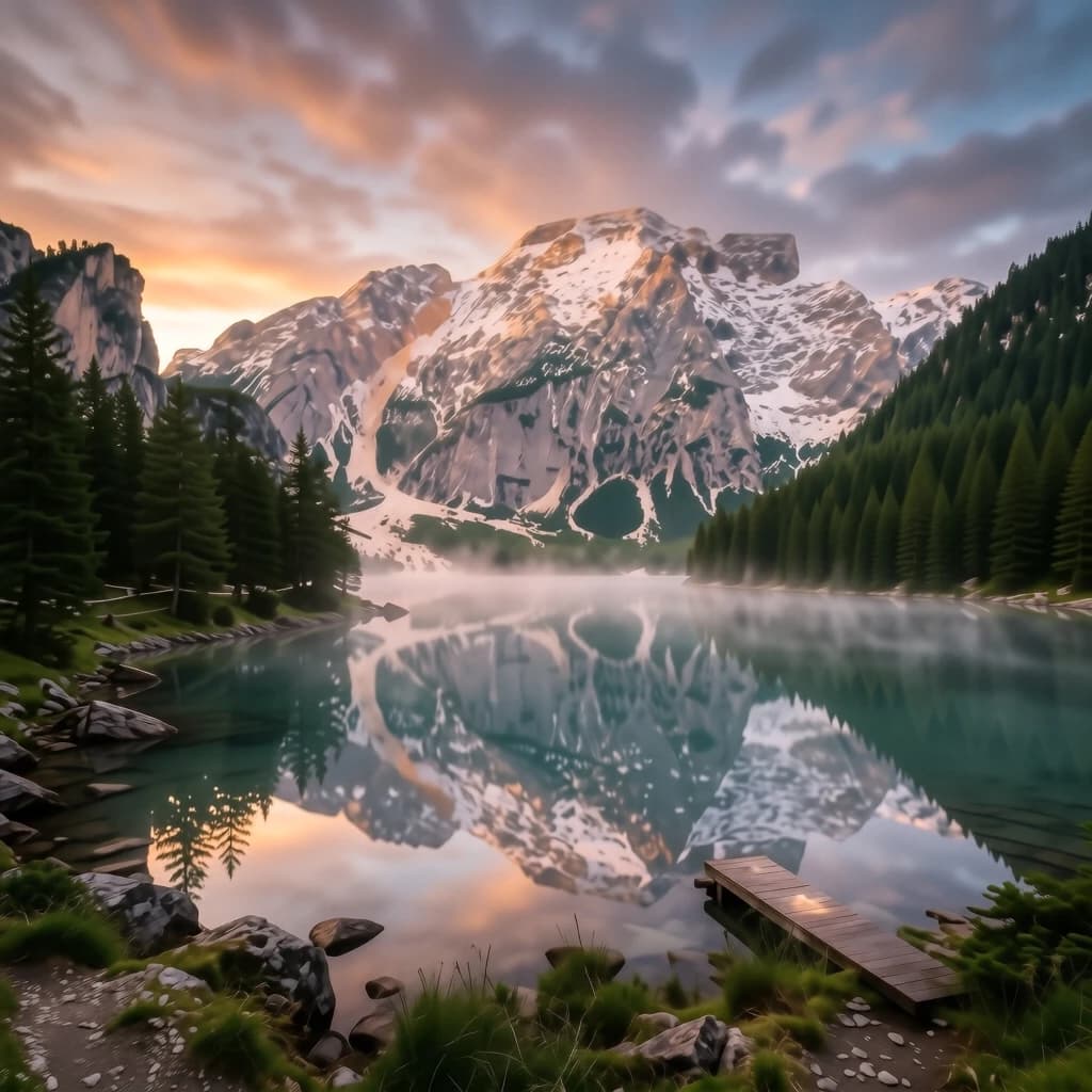 I want a photo of a misty alpine lake at dawn, pines, glassy water, warm light.