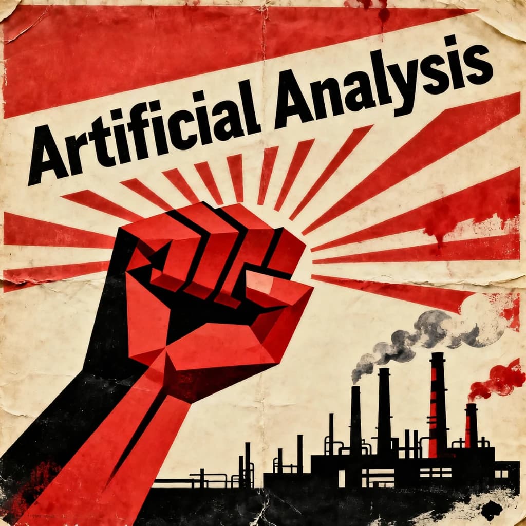 A propaganda poster in stark red, black, and beige. A clenched fist rises in the foreground, rendered with sharp geometric blocks. Behind it, radiating lines stretch upward toward a stylized sun. At the top, bold sans-serif lettering in Cyrillic-inspired type spells out Artificial Analysis, tilted at an angle for emphasis. A factory skyline silhouettes the bottom edge, smoke stacks rising into the background. The texture is rough, printed on aged paper with visible creases and ink bleed. Designed in the constructivist Soviet poster style.