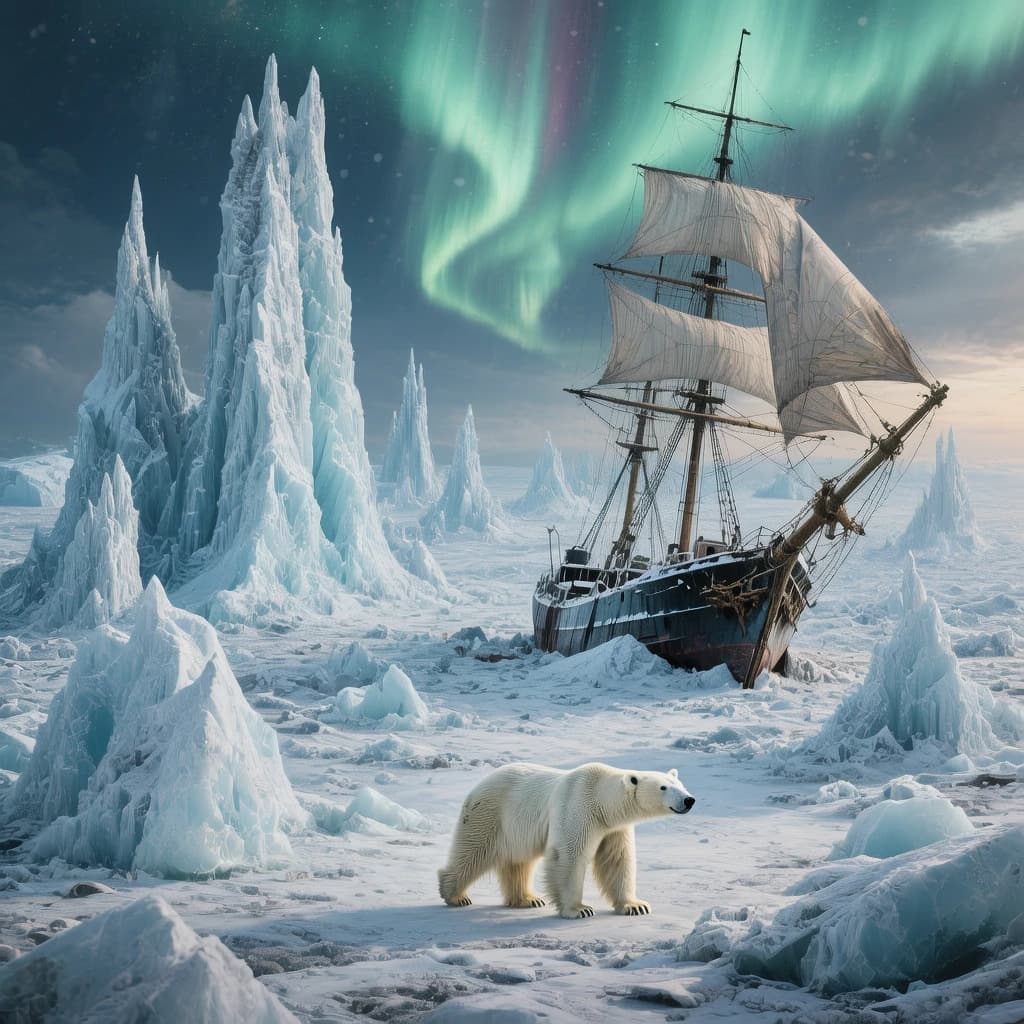 An endless tundra stretches outward, littered with jagged icebergs shaped like cathedral spires. A polar bear trudges across the foreground but leaves no tracks. Auroras ripple overhead. A half-buried shipwreck juts from the snow — sails billowing despite the still air.