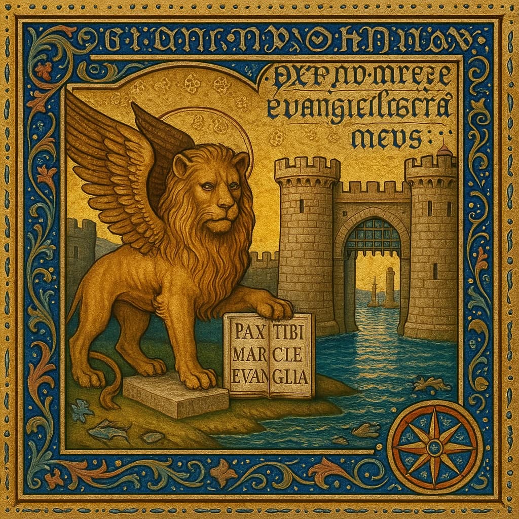 Paint an illuminated manuscript scene of a winged lion guarding a sea gate.