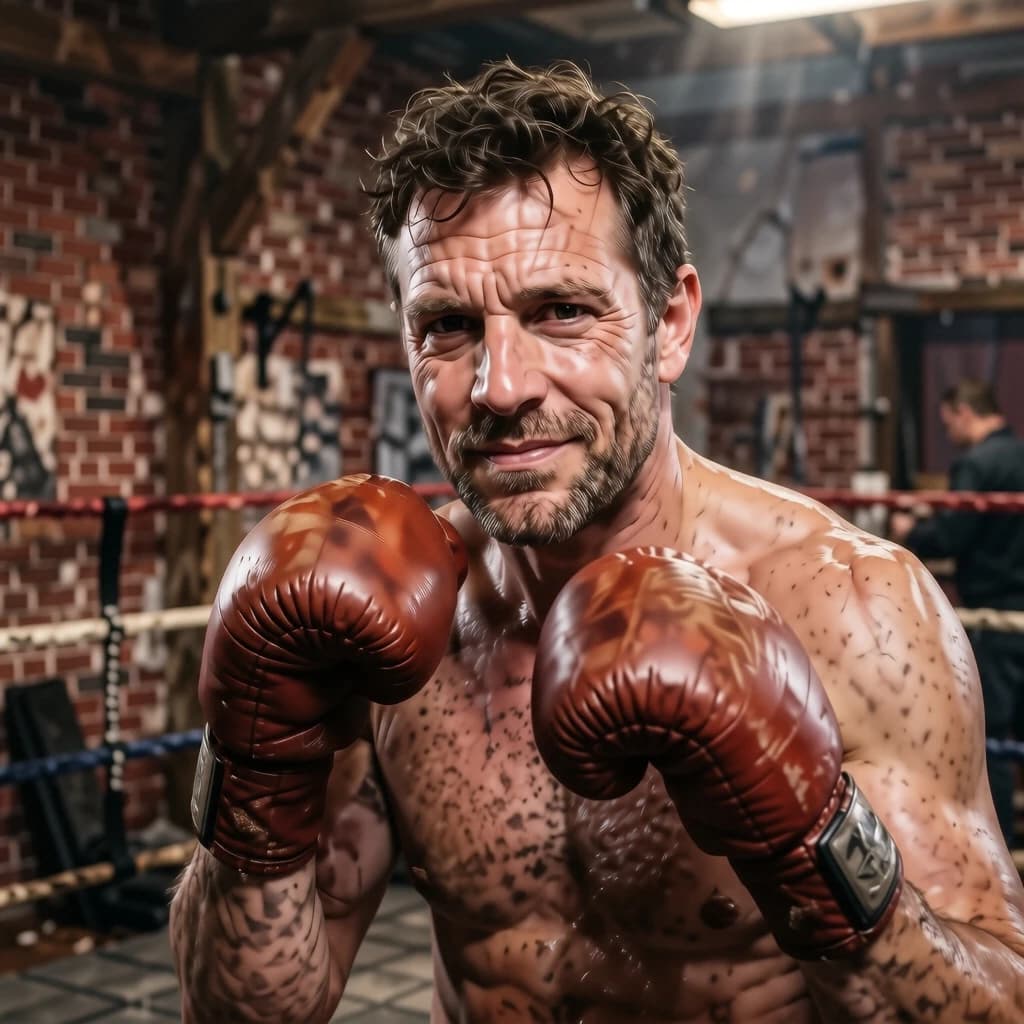 Paint a bruised boxer smiling, serious expression.