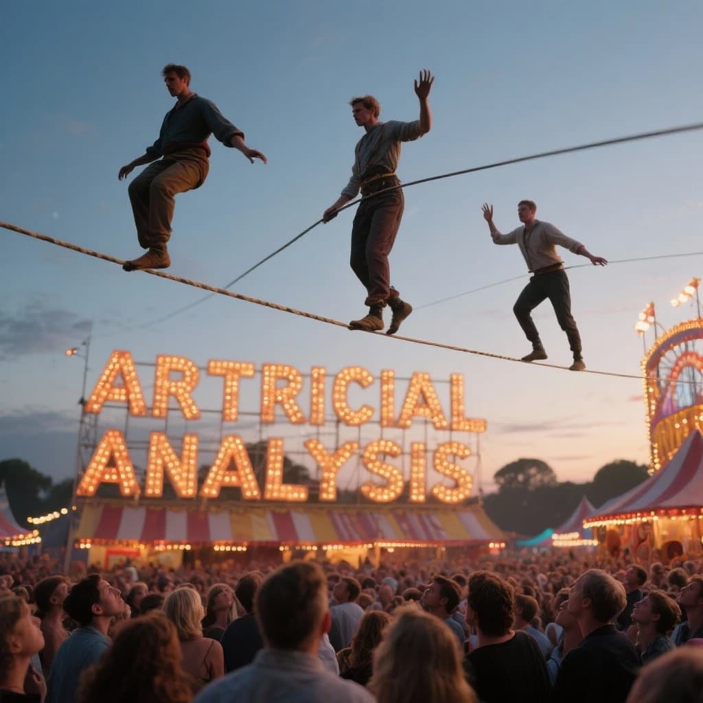 At dusk, high above a carnival crowd, three tightrope walkers balance on a single rope with no aids, one is off balance and grabbing at air. Below, the audience looks upward with baited anticipation. Artificial Analysis is spelled out in the background in carnival lights