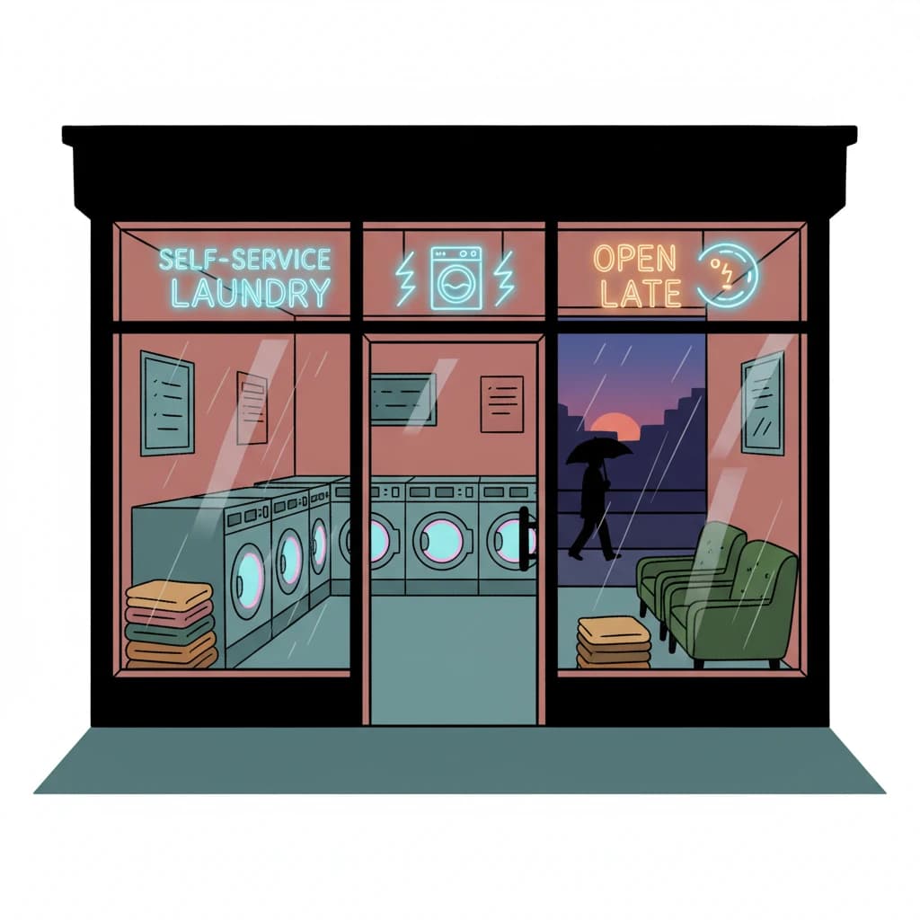 A cozy laundromat at dusk, neon humming, flat colors, bold inked lines.