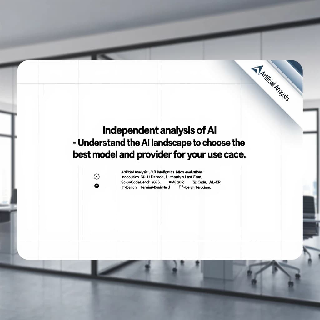 On a white dashboard with thin gray dividers, place a centered header in Helvetica Neue Bold, 20pt: “Independent analysis of AI - Understand the AI landscape to choose the best model and provider for your use case.” Directly beneath, a subheader in smaller Regular weight, 14pt: “Artificial Analysis Intelligence Index v3.0 incorporates 10 evaluations: MMLU-Pro, GPQA Diamond, Humanity's Last Exam, LiveCodeBench, SciCode, AIME 2025, IFBench, AA-LCR, Terminal-Bench Hard, 𝜏²-Bench Telecom.” The header is fully justified but the subheader is left-aligned. In the upper right corner, the Artificial Analysis logo appears watermarked, diagonal, faint gray, partially overlapping the scrollbar.